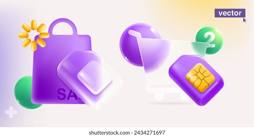 Glassmorphism style transparent shopping cart and package. Mobile phone SIM card with golden chip. Realistic 3D render in plastic cartoon style. Vector for online telecom app, NFC payment password.