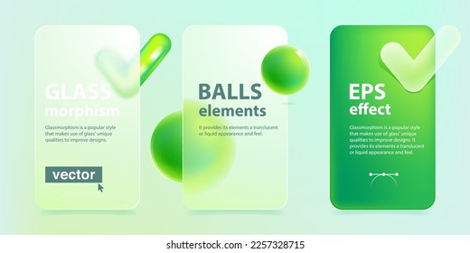 Glassmorphism subscription plan tables with levitating blurred green checkmark icon and sphere. Eco-friendly vector screens for nature app, web hosting, success banner, safety design.