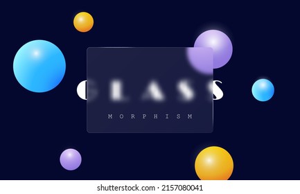 Glassmorphism Template Colorful Geometric Background. Glass With 3d Balls On A Black Background. Static Shapes Composition