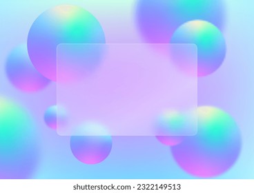 Glassmorphism transparent rectangle and hologram color gradient spheres, technology, creativity concept, vibrant colors abstract background, blank mock up glass and geometric shapes with copy space.