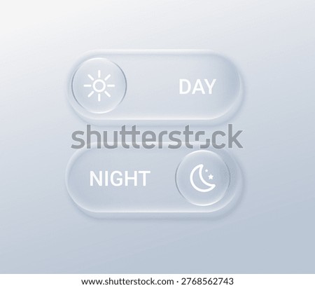  Glassmorphism UI component showcasing day night switch with crescent moon symbol, liquid like borders, and futuristic 3D design for digital screen interfaces