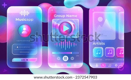 Glassmorphism ui design of music application. Mobile ui kits. Frosted acrylic mobile app vector template with ux purple gradient screens. User interface with artist playlist, play button, audio player