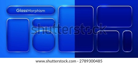 Glassmorphism UI elements and frames set in blue tones. Modern frosted glass buttons for web design. Vector illustration