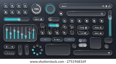 Glassmorphism UI Kit with Transparent Buttons Sliders Panels Toggles Search Bars and Media Controls Modern Glassmorphic Interface Vector Set for web design and app interface.

