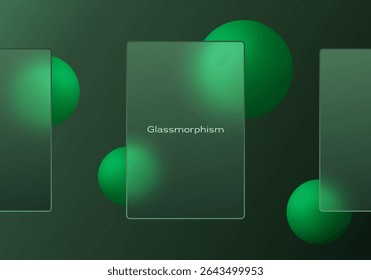 Glassmorphism UI layout with green spheres and three vertical cards