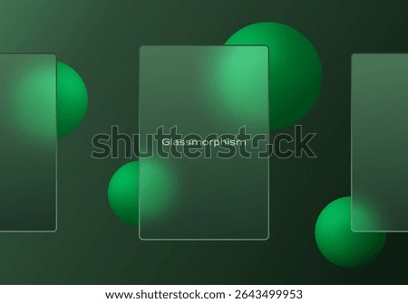 Glassmorphism UI layout with green spheres and three vertical cards