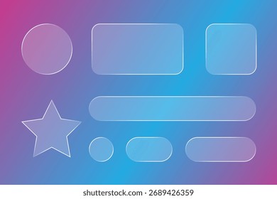 Formas de interface do usuário de morfismo de vidro definidas no plano de fundo gradiente, botões de vidro fosco, cartões, emblemas e elementos.