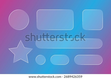 Glassmorphism UI shapes set on gradient background, frosted glass buttons, cards, badges and elements.