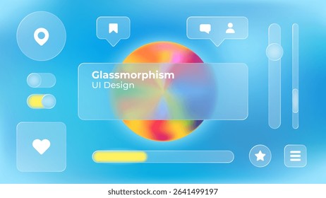 Glassmorphism UI. User interface elements for mobile app. Glass texture icons set. Vector. Simple modern design. For web, social media, business. Eps10 illustration. Abstract background. Blue color.