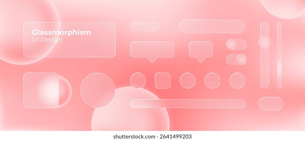 Glassmorphism UI. User interface elements for mobile app. Glass texture icons set. Vector. Simple modern design. For web, social media, business. Eps10 illustration. Abstract background. Red color.