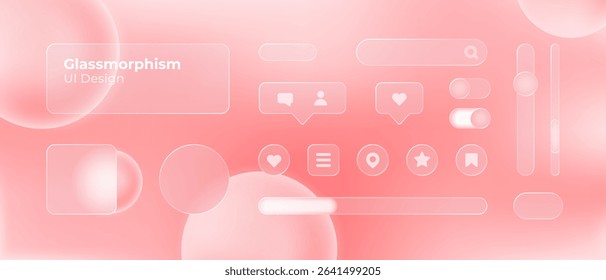 Glassmorphism UI. User interface elements for mobile app. Glass texture icons set. Vector. Simple modern design. For web, social media, business. Eps10 illustration. Abstract background. Red color.