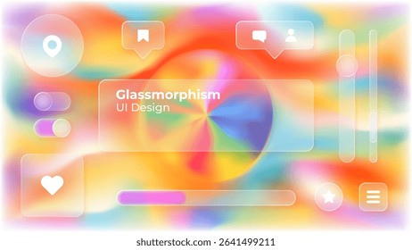 Glassmorphism UI. User interface elements for mobile app. Glass texture icons set. Vector. Simple modern design. For web, social media, business. Eps10 illustration. Abstract background. Rainbow.