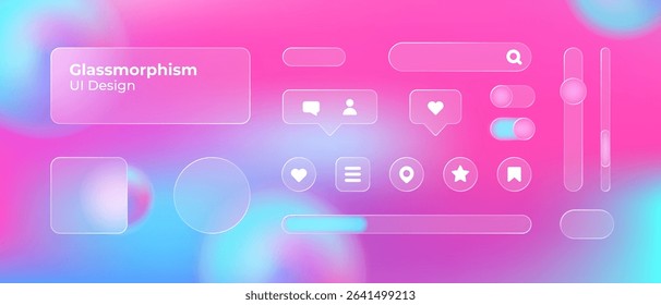 Glassmorphism UI. User interface elements for mobile app. Glass texture icons set. Vector. Simple modern design. For web, social media, business. Eps10 illustration. Abstract background. Pink color.