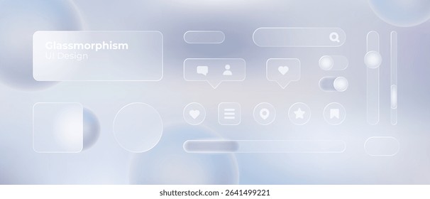 Glassmorphism UI. User interface elements for mobile app. Glass texture icons set. Vector. Simple modern design. For web, social media, business. Eps10 illustration. Abstract background. White color.
