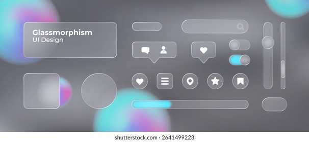 Glassmorphism UI. User interface elements for mobile app. Glass texture icons set. Vector. Simple modern design. For web, social media, business. Eps10 illustration. Abstract background. Grey color.