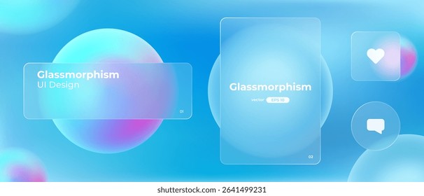 Glassmorphism UI. User interface elements for mobile app. Glass texture icons set. Vector. Simple modern design. For web, social media, business. Eps10 illustration. Abstract background. Blue color.