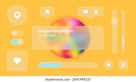 Glassmorphism UI. User interface elements for mobile app. Glass texture icons set. Vector. Simple modern design. For web, social media, business. Eps10 illustration. Abstract background. Yellow color.