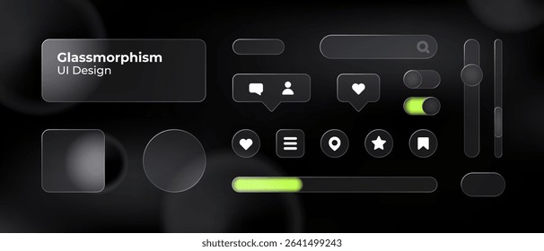 Glassmorphism UI. User interface elements for mobile app. Glass texture icons set. Vector. Simple modern design. For web, social media, business. Eps10 illustration. Abstract background. Black color.