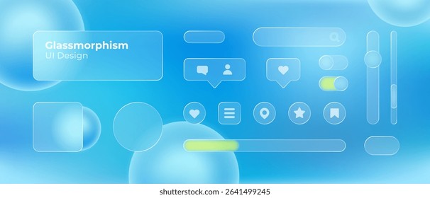 Glassmorphism UI. User interface elements for mobile app. Glass texture icons set. Vector. Simple modern design. For web, social media, business. Eps10 illustration. Abstract background. Blue color.