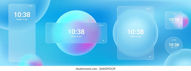 Glassmorphism UI. User interface elements for mobile app. Glass texture icons set. Vector. Simple modern design. For web, social media, business. Eps10 illustration. Abstract background. Blue color.
