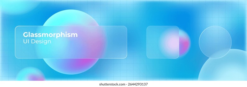 Glassmorphism UI. User interface elements for mobile app. Glass texture icons set. Vector. Simple modern design. For web, social media, business. Eps10 illustration. Abstract background. Blue color.