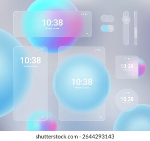 Glassmorphism UI. User interface elements for mobile app. Glass texture icons set. Vector. Simple modern design. For web, social media, business. Eps10 illustration. Abstract background. Blue color.