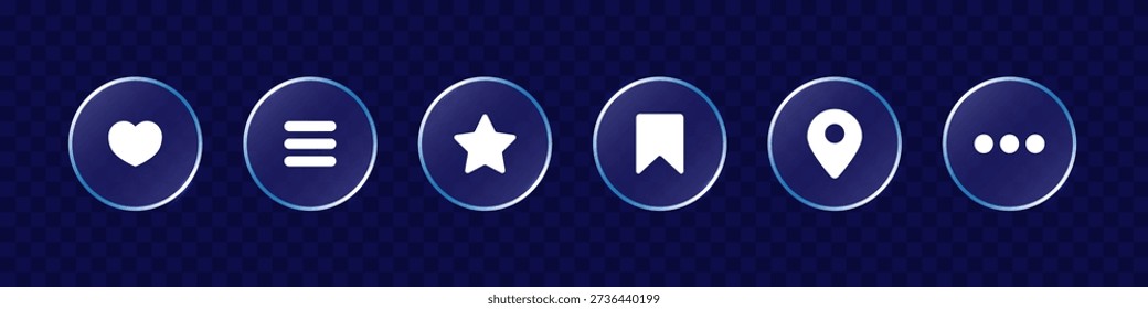 Glassmorphism UI. User interface Transparent glass buttons with liquid morphing effect for mobile app, web. Rounded elements with matte blur overlay. Glass texture icons set. Vector