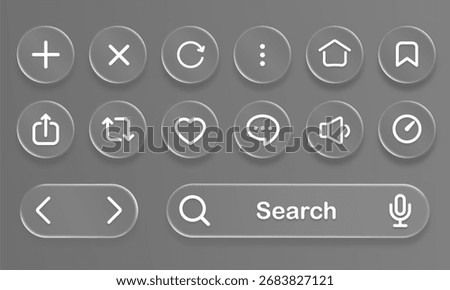 Glassmorphism UI UX Icons Set and Search Bar Vector. Modern App Buttons Collection with Frosted Glass Effect and Transparent Blur Design.
