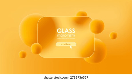 Glassmorphism UI web template with frosted glass card and yellow 3D spheres layout