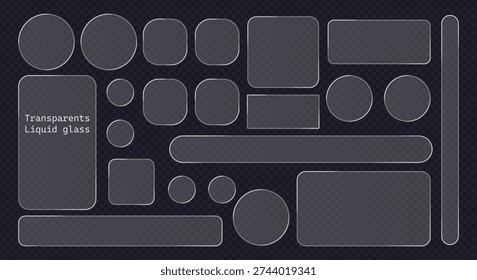 Glassmorphism user interface elements set with transparent vector liquid glass shapes . Modern translucent web elements with shine and shadow on dark grid background. great for ui and ux design. various clear glass frames.