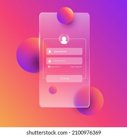 Glassmorphism user interface login page for mobile apps or web application pink and purple gradient ball concept