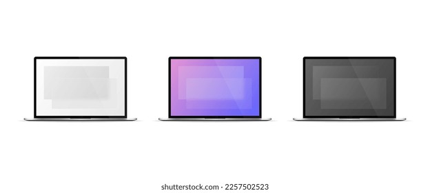 Interfaz de usuario de Glassmorphism en pantalla portátil de diferentes colores. Pantalla en blanco portátil o portátil con interfaz de vidrio borroso. EPS vectorial 10