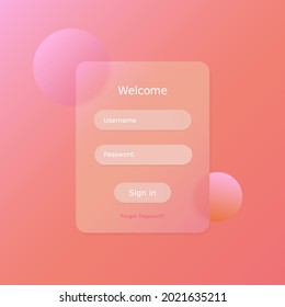 Concepto de vector de glasmorfismo. Página de inicio de sesión de efecto de cristal. Inicio de sesión de aplicación móvil y concepto de interfaz de usuario de suscripción. Diseño de formulario de registro desenfocado