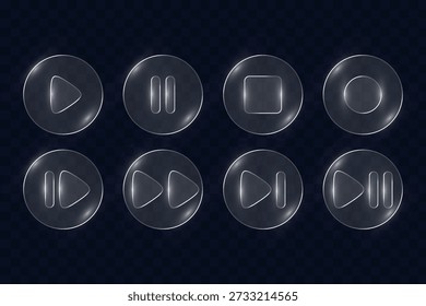 Glassmorfismos Botones de jugador con Ilustración vectorial de iconos brillantes transparentes.