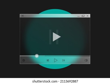 Glassmorphismus Video-Player-Vorlage. Die Glasmorphismus-Schnittstelle ist auf dunklem Hintergrund aufgetaucht. Minimale Kunst zum Anzeigen und Betrachten von Videos auf der Website-Landing-Seite