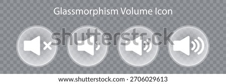 Glassmorphism volume icon set, featuring mute, low, medium, and high volume speaker symbols in transparent circles.