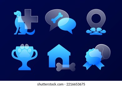 Glassmorphism-styled vector icons representing current trends.pets glass transparent gradient icons.dog care, dog housing, dog paw, and pet care.victory trophy and medal.