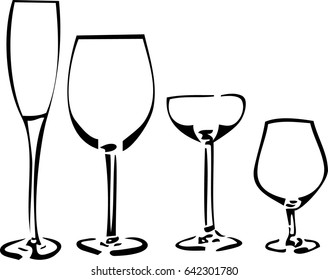 Glassware for alcohol. Sketch. Calligraphy. Vector.