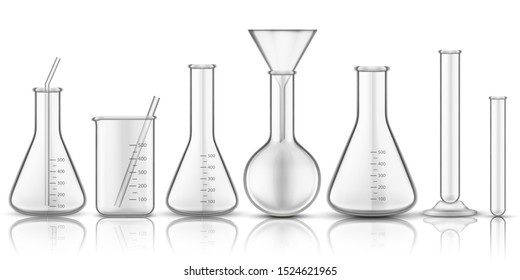 Glassware beaker or measuring glass. Set of isolated chemistry flask or biology test-tube, science tube for liquid. Biology reaction research. Pharmacology and medicine, education technology theme