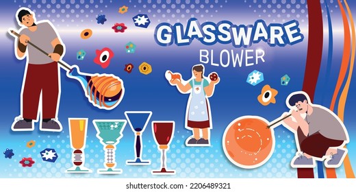 Glassware blower market flat collage composition with text doodle style stickers and human characters making goods vector illustration