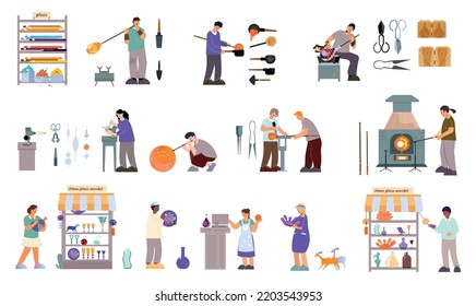 Glassware blower market flat set with isolated icons and images of shop displays and craft makers vector illustration