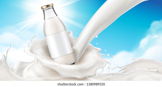 Glassware bottle of milk at cream splash or container with lid for dairy at sky with sun for milkshake advertising. Splash of yogurt or realistic beverage motion. Healthy drink and dessert theme