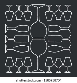 Glassware chalk icon. Restaurant service. Alcohol bar. Port and madeira glasses. Wineglasses. Strong drinks. Isolated vector chalkboard illustration