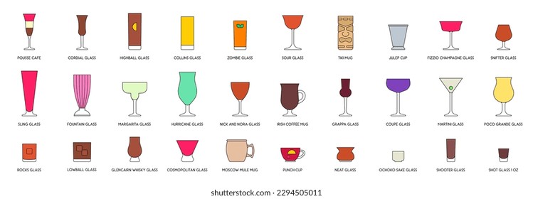 Glassware or Cocktail glasses set, filled design vector illustration