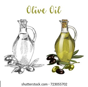Glassware container or bulb, jar or bottle of olive oil near branch with leaves and berries. Sketch of healthy vegan or vegetarian drink product. Natural nutrition and organic cuisine, food theme