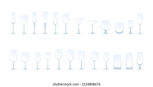 Glassware of different shapes for alcoholic drinks on a white background. Vector illustration.