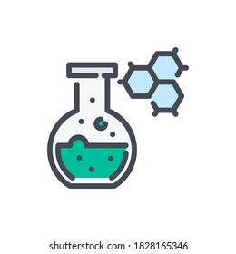 Glassware flask with molecular structure color line icon. Glass bottle with science formula vector outline colorful sign.