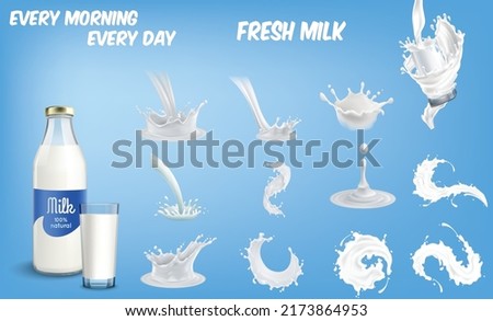 Glassware of fresh milk and set of splash or milk in blue background