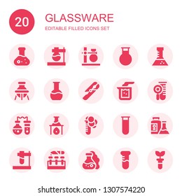 glassware icon set. Collection of 20 filled glassware icons included Flask, Test tube, Beaker