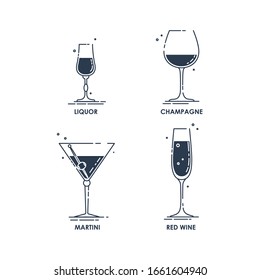 Glassware liquor champagne martini red wine line art in flat style. Restaurant alcoholic illustration for celebration design. Contour element. Beverage outline icon. Isolated on white background.

